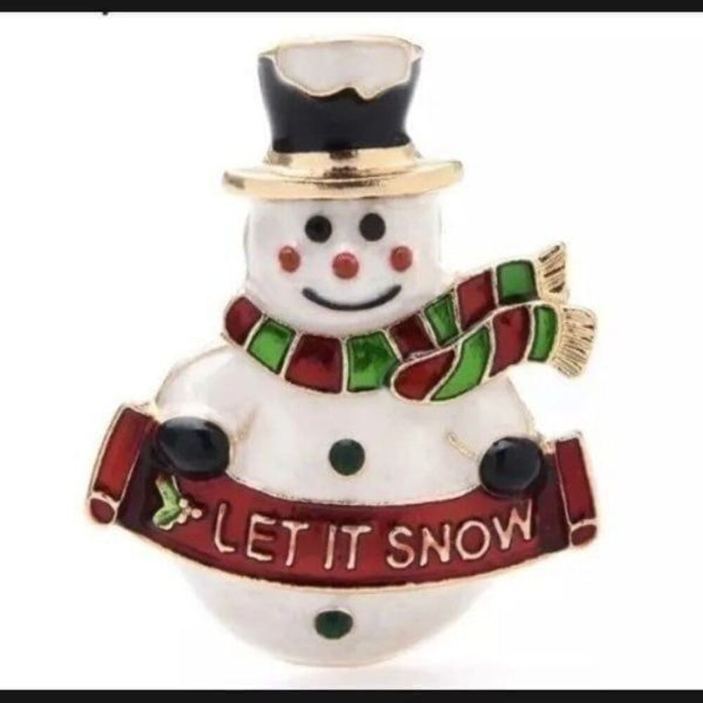 Vintage Enamel Christmas Holiday Let it Snow Snowman Brooch Pin